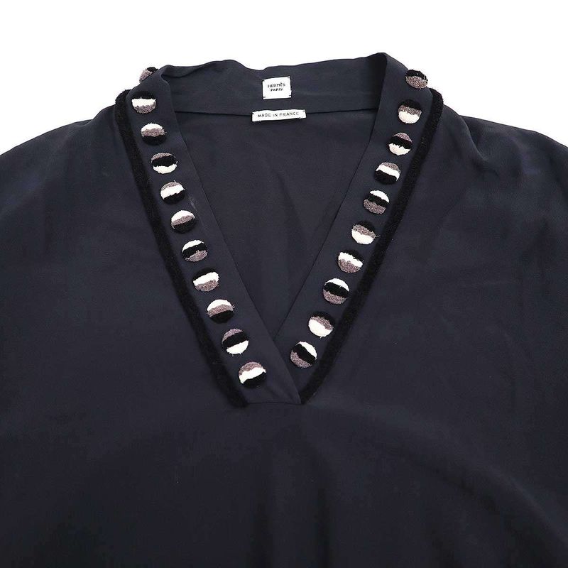 Hermes 2018 Resort Embroidery V-Neck Pullover Blouse Navy 42