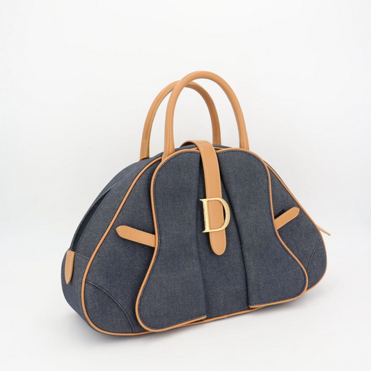 Christian DIOR Saddle Double Mini Boston Bag Denim Handbag