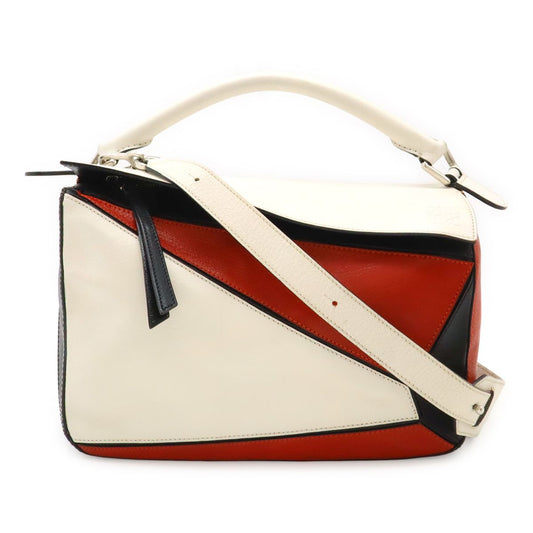 Loewe Puzzle Bag Medium Handbag 2WAY Shoulder Bag Crossbody Leather White Red