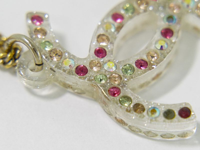 Authentic Chanel Coco Mark Rhinestone Necklace Pendant Plastic GP Gold Plated