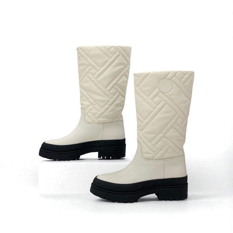 Hermes Fuji Boots Long Shoes Leather Ivory Exlibris Quilting