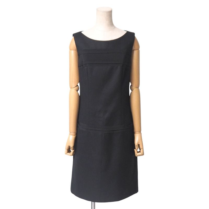 Prada Dress Size 42 Different Material Sleeveless Tucked Midi Flared Wool Made