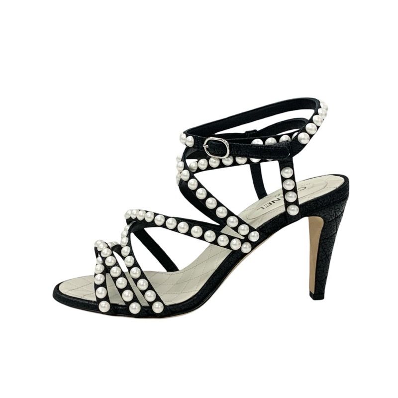 Chanel Sandals Shoes Leather Black White Coco Mark Pearl Matelasse Strap