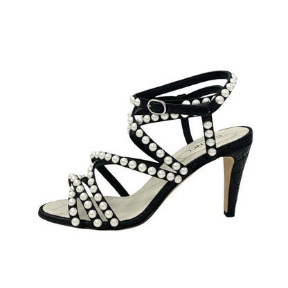 Chanel Sandals Shoes Leather Black White Coco Mark Pearl Matelasse Strap
