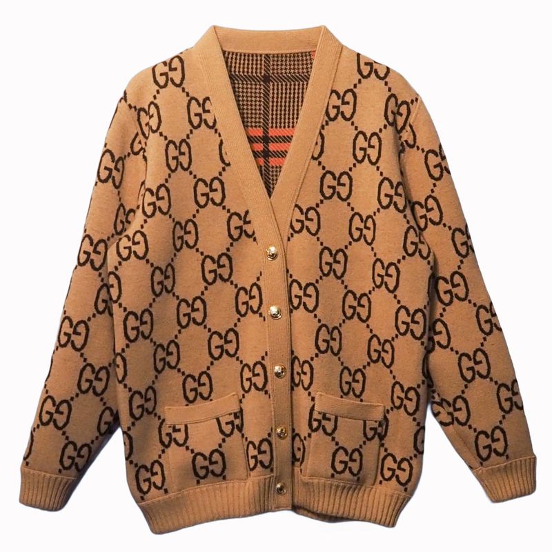 Gucci GG Wool Check Reversible Cardigan Glen Check Woven Long Sleeve Women's V