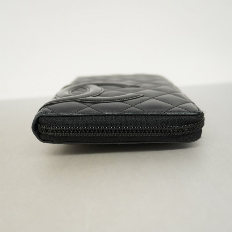 Chanel Long Wallet Cambon Lambskin Black Silver Hardware Women
