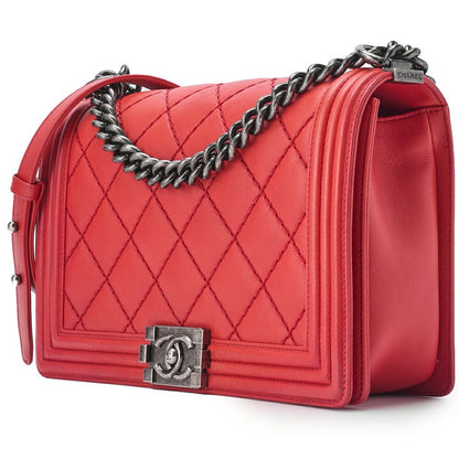 Chanel Boy Chanel Large Size Matelasse Chain Shoulder Bag Calfskin Red (silver