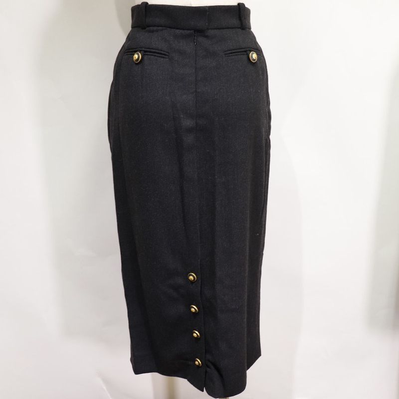 Chanel Coco Mark Back Button 93A P02440 Wool Charcoal Gray Women's Skirt