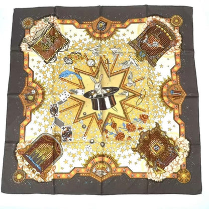 Hermes Carre 90 LA Magie Magic Rabbit Magic Tricks Pigeons Clowns Silk Brown