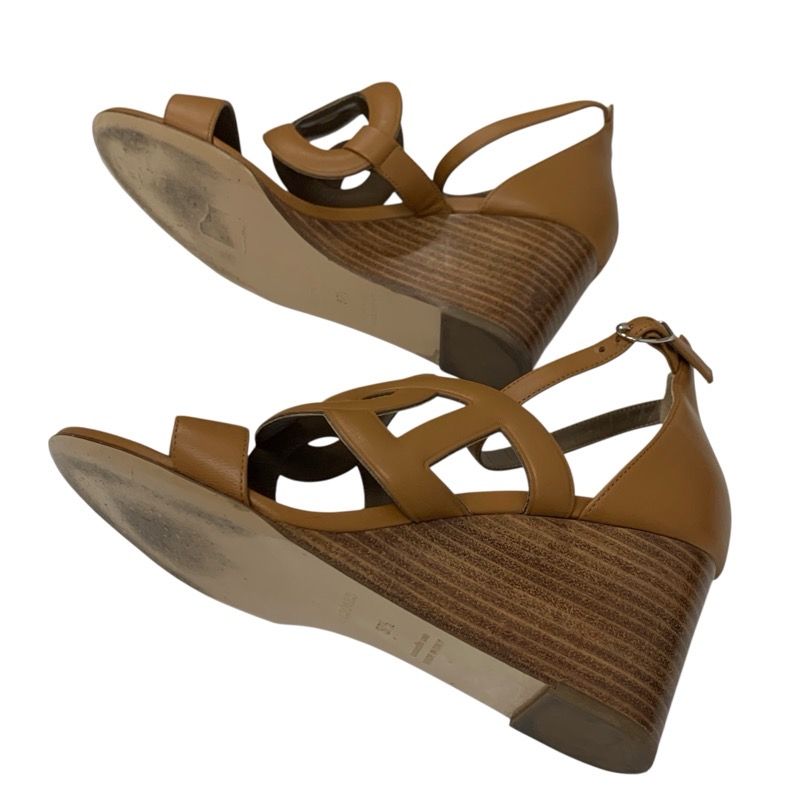 Hermes Brisbane Sandals Shoes Leather Brown Chaine D'ancre Wedge Sole Strap