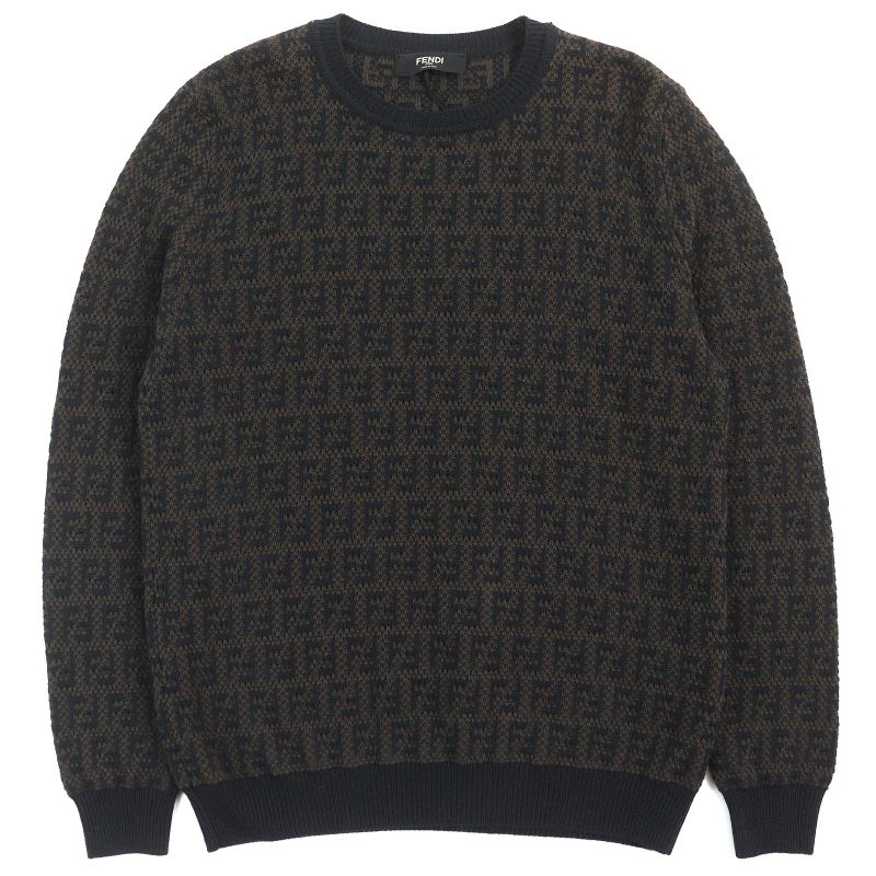 Fendi 2022 Fzx034 Cashmere Blend FF Logo Zucca Pattern Monogram Crewneck Long