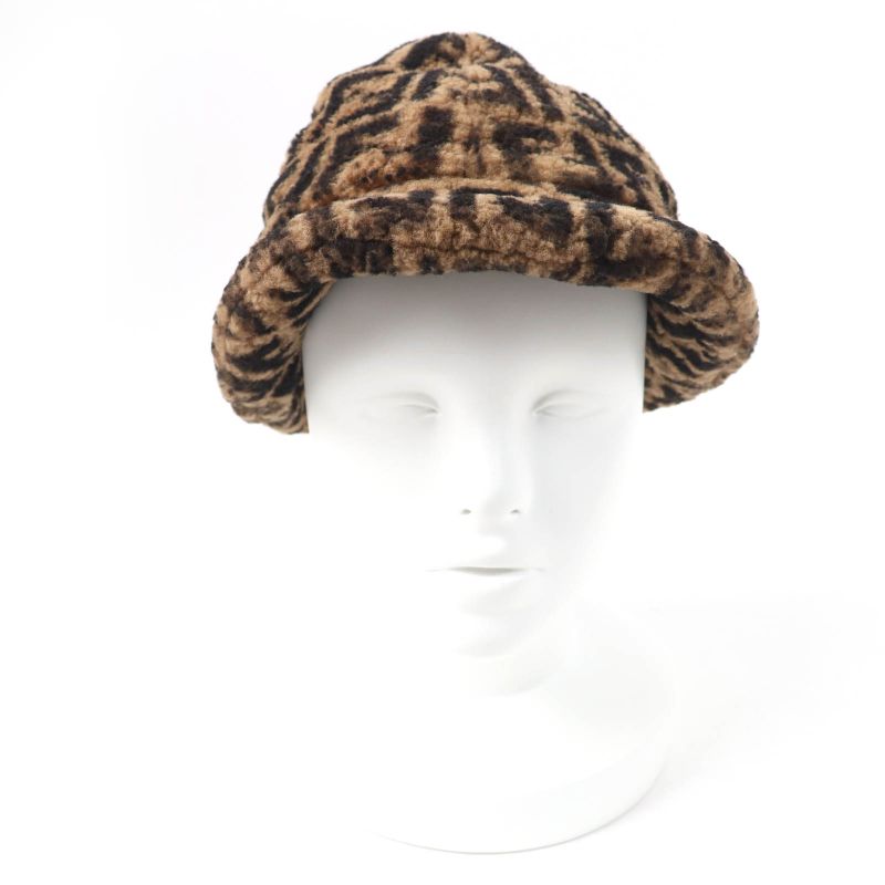 Fendi Fxq632 100% Silk Lined FF Logo Zucca Pattern Mouton Hat Brown Black M