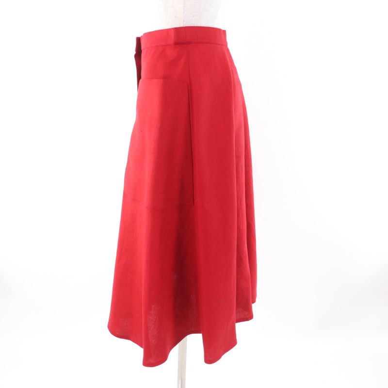 Hermes 100% Linen Front Button Flared Skirt With Caleche Embroidery Red 38 Made