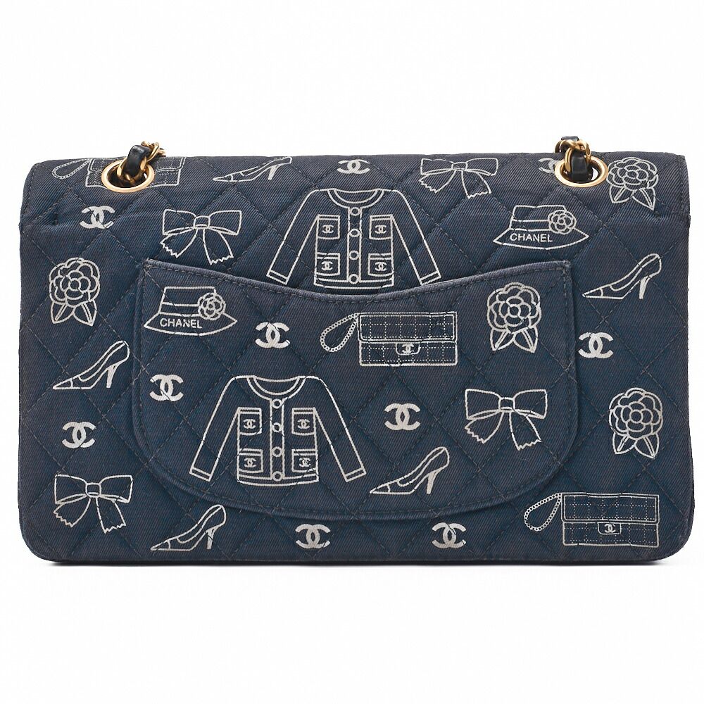 Chanel Matelasse W Flap 25 Icon Print Chain Shoulder Canvas Bicolor Black With