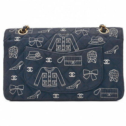 Chanel Matelasse W Flap 25 Icon Print Chain Shoulder Canvas Bicolor Black With