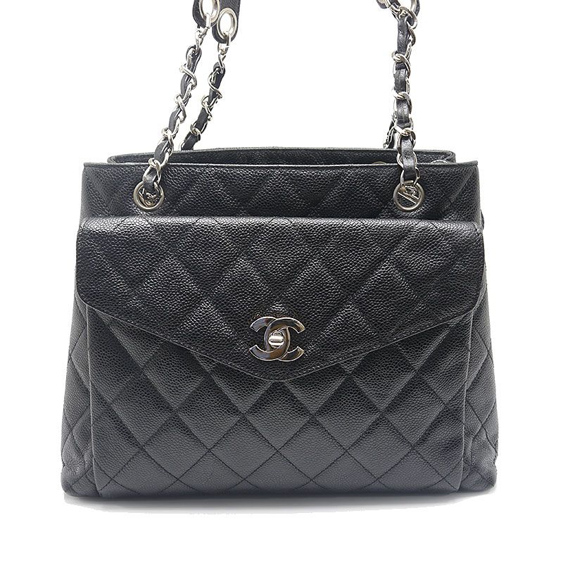 Chanel Chain Tote Bag Caviar Skin Black And Silver Hardware