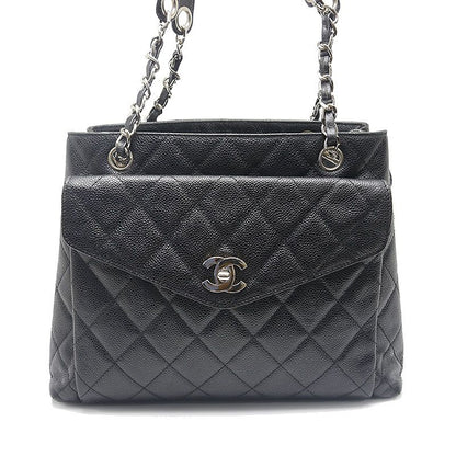 Chanel Chain Tote Bag Caviar Skin Black And Silver Hardware