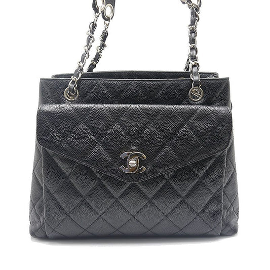 Chanel Chain Tote Bag Caviar Skin Black And Silver Hardware