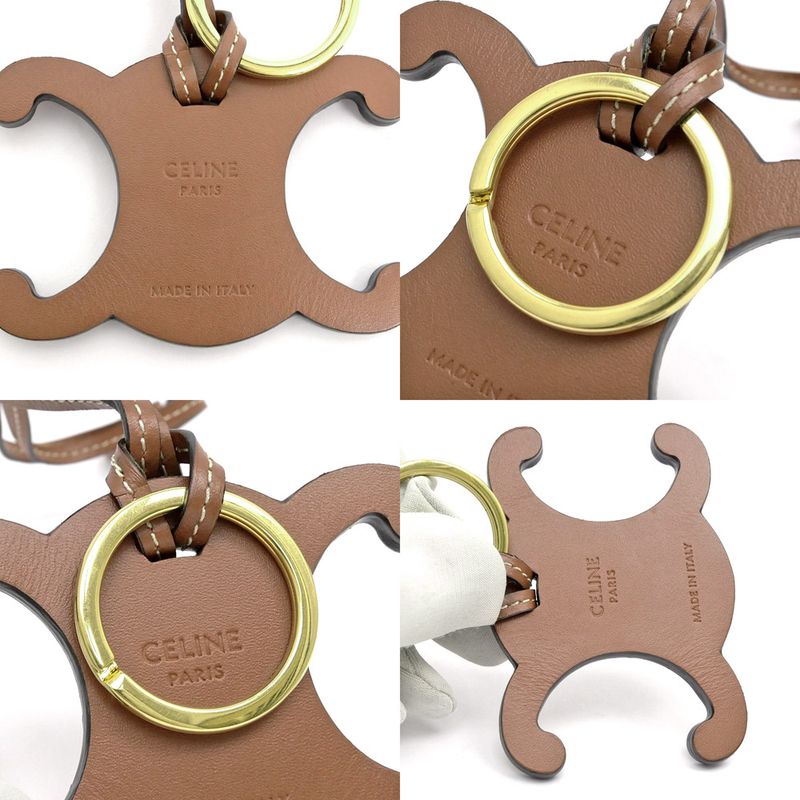 Celine Triomphe Key Ring Bag Charm Tan Brown Gold Hardware Key Holder