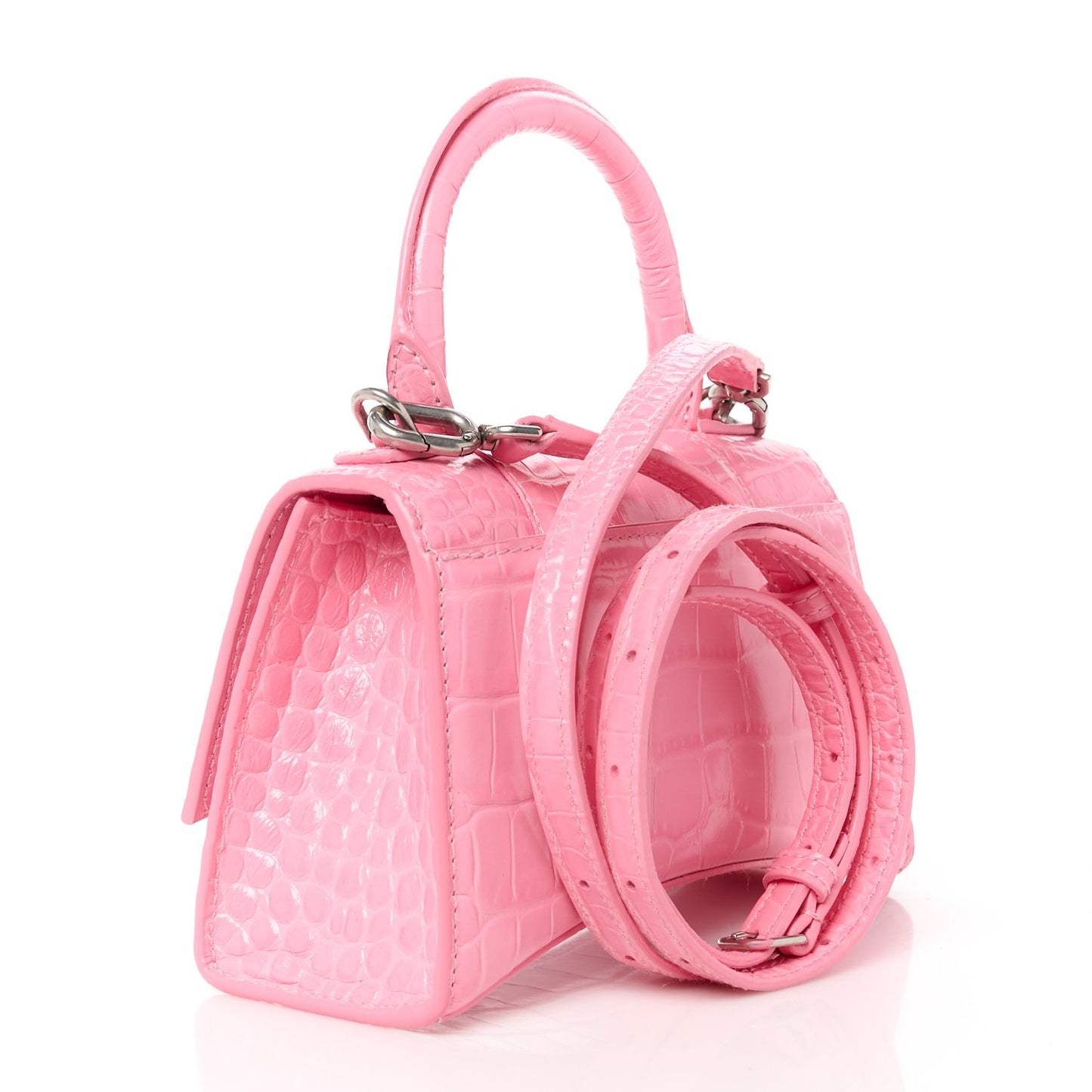 BALENCIAGA Hourglass Handle Mini Bag Crocodile Embossed Leather XS Pink Tote