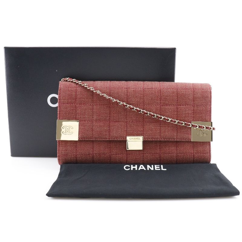 Chanel Chain Shoulder Chocobar Line Cotton Canvas Red Ladies Shoulder Bag