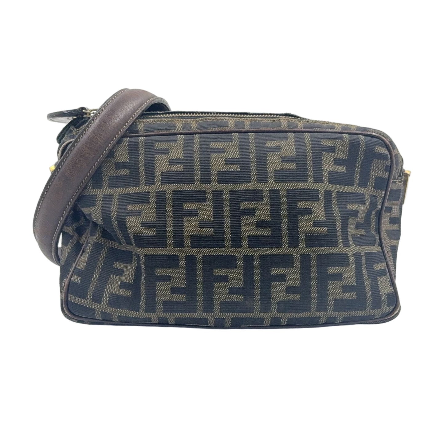 Fendi Zucca Pattern Square Leather Canvas Dark Brown Shoulder Bag Gold