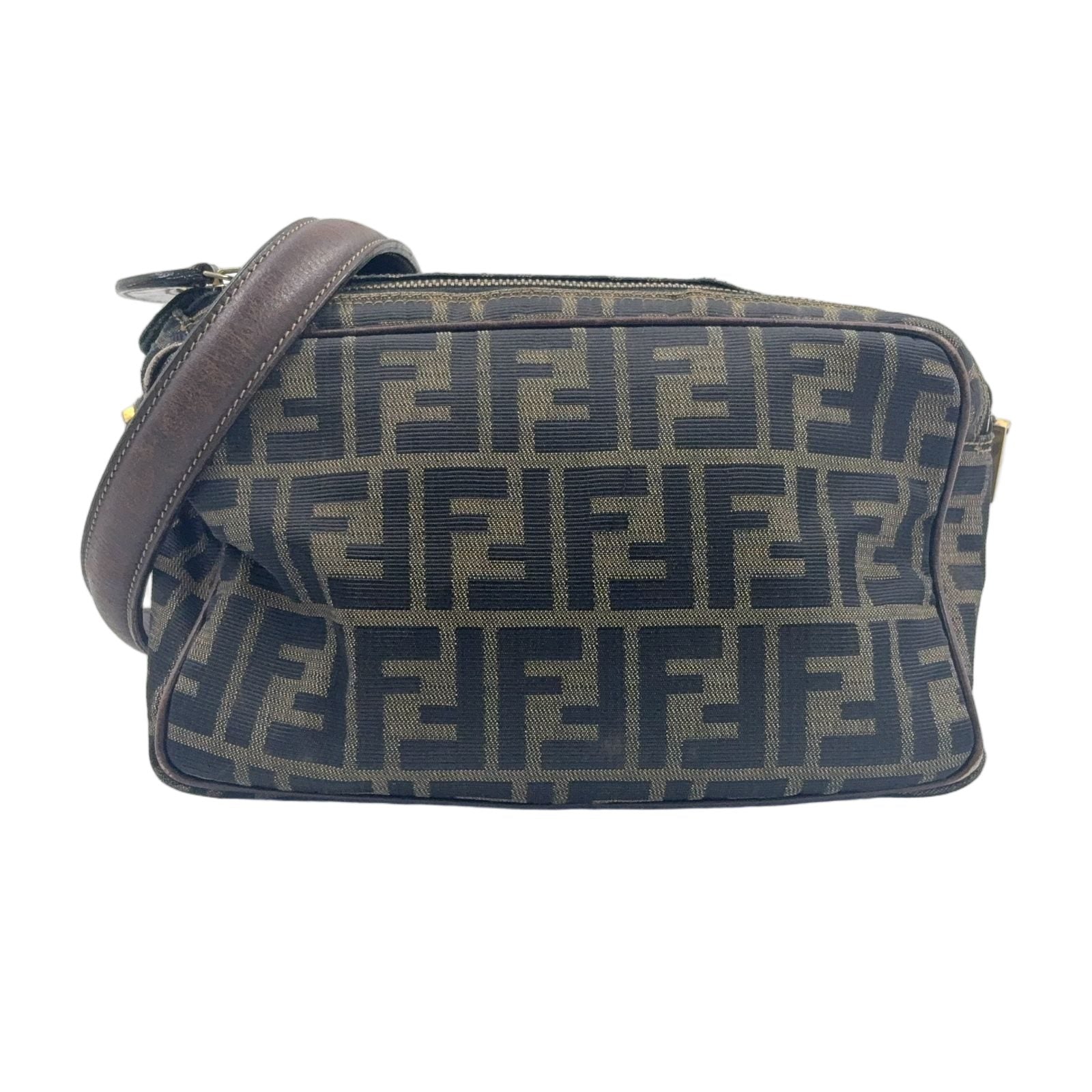 Fendi Zucca Pattern Square Leather Canvas Dark Brown Shoulder Bag Gold