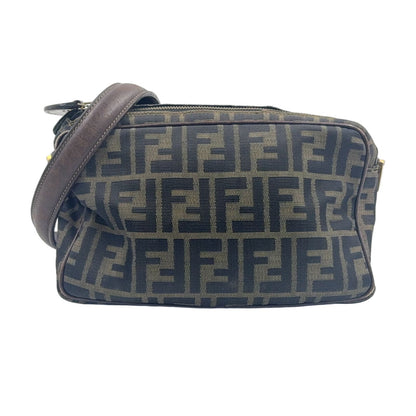 Fendi Zucca Pattern Square Leather Canvas Dark Brown Shoulder Bag Gold