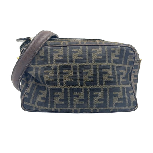 Fendi Zucca Pattern Square Leather Canvas Dark Brown Shoulder Bag Gold