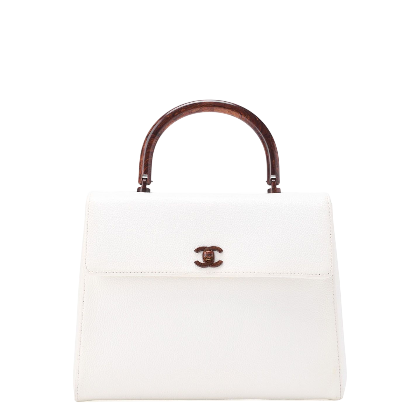 Chanel Handbag Turnlock Kelly Shape Wood Pattern Caviar Skin White With Gold