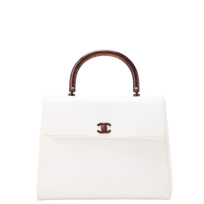 Chanel Handbag Turnlock Kelly Shape Wood Pattern Caviar Skin White With Gold