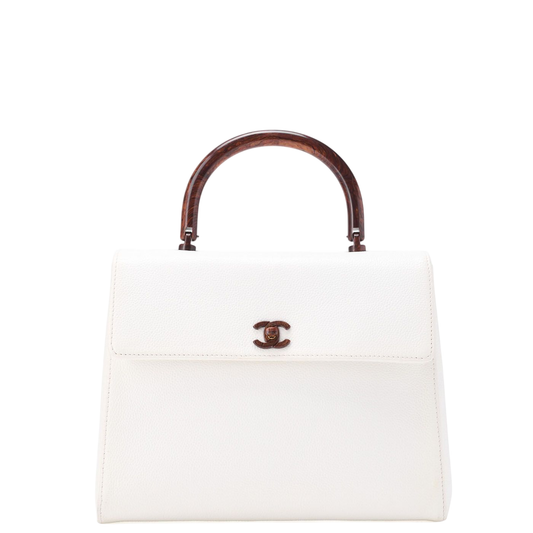 Chanel Handbag Turnlock Kelly Shape Wood Pattern Caviar Skin White With Gold