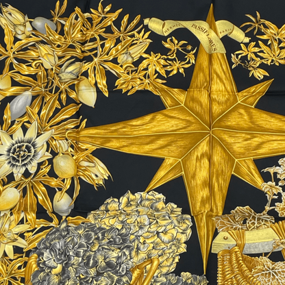 Hermes Carre 90 Passiflores Passion Flower Black 100% Silk Scarf