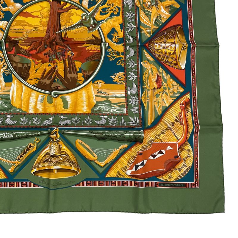 Hermes Scarf Carre 90 Au Son Du Tam To The Sound Of Tam Silk Green With Box