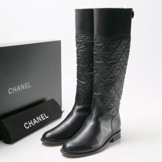 Chanel Boots Size 37 Matelasse Long Boots Shoes CC Logo Coco Mark Leather Black