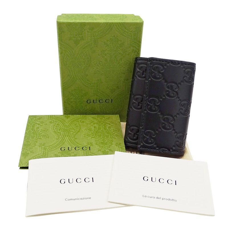 Gucci Key Case Men's Brand Sima Leather Black 779824 6-rib Key Case Small