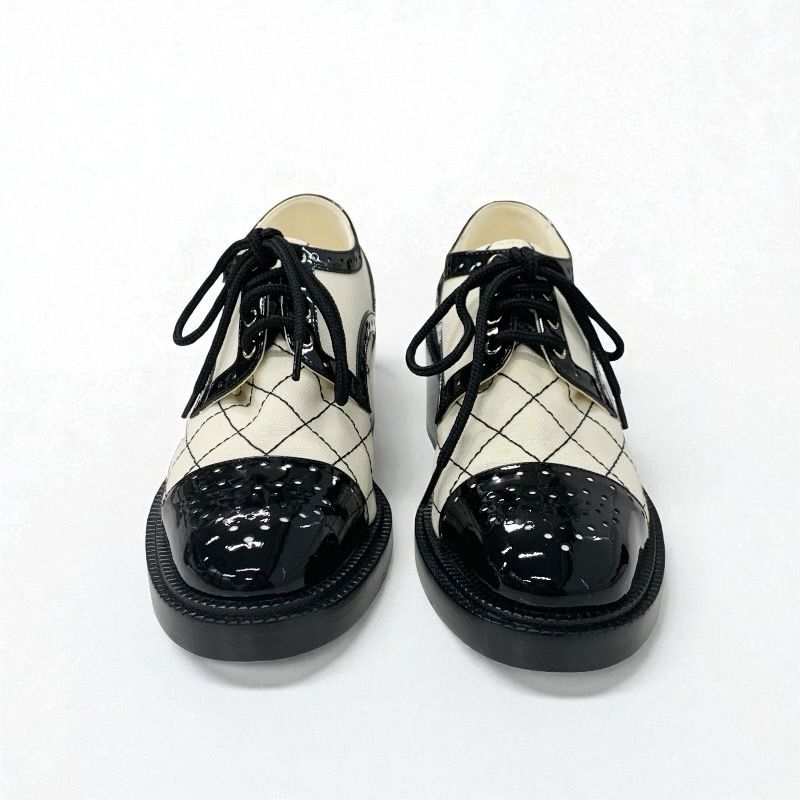 Chanel Loafers Leather Shoes Patent Fabric White Black Here Mark Lace Up Shoes