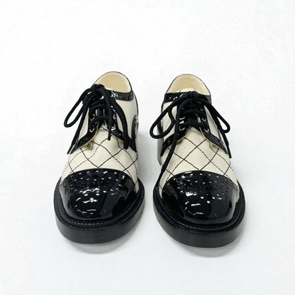 Chanel Loafers Leather Shoes Patent Fabric White Black Here Mark Lace Up Shoes