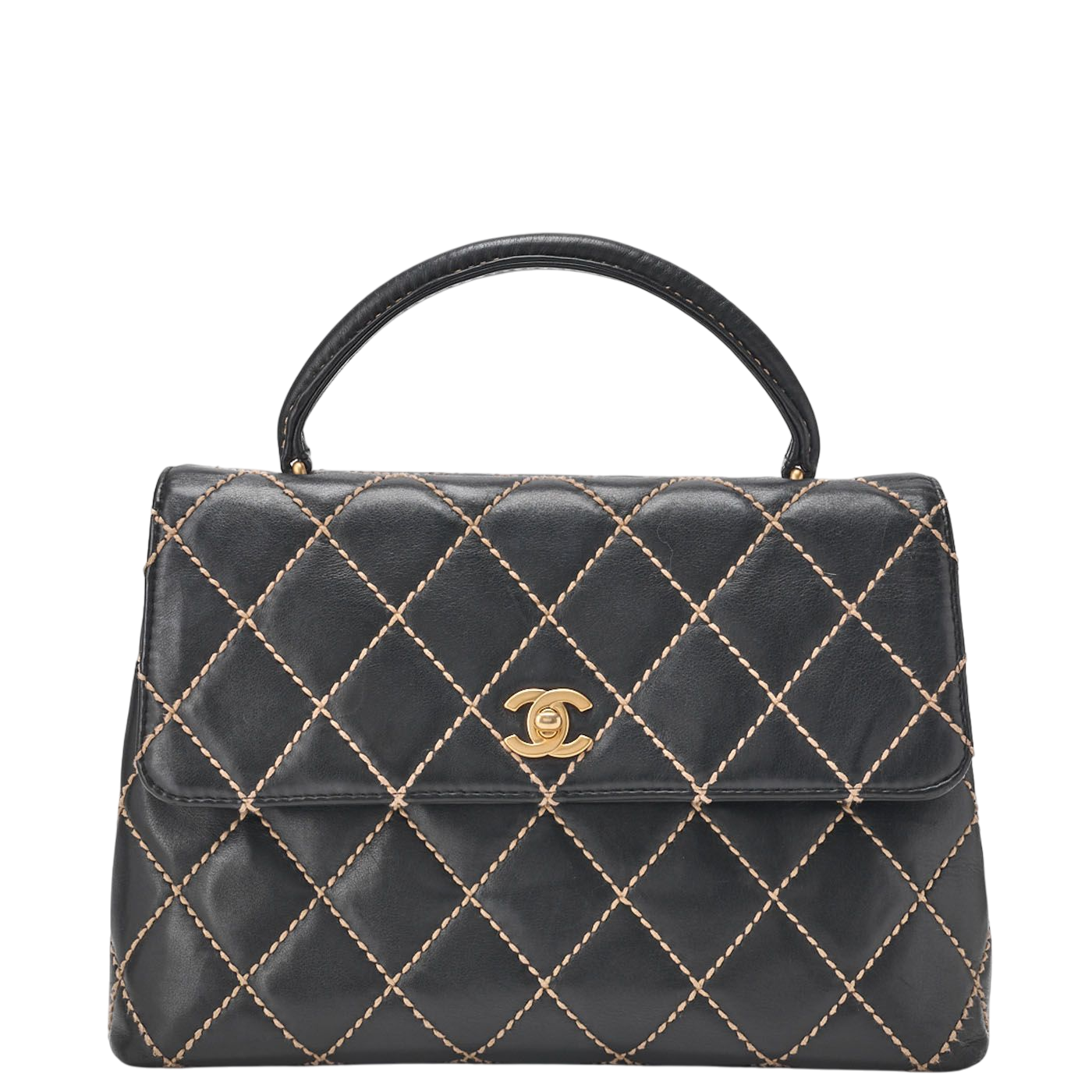 Chanel Coco Mark Wild Stitch Turnlock Handbag Calfskin Black With Gold Hardware