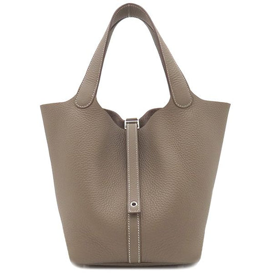 Hermes Handbag Picotin Lock MM Taurillon Clemence Etoupe Silver Hardware Glaze