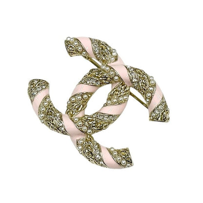 Chanel Brooch Corsage Gold Pink Here Mark Rhinestone Pearl