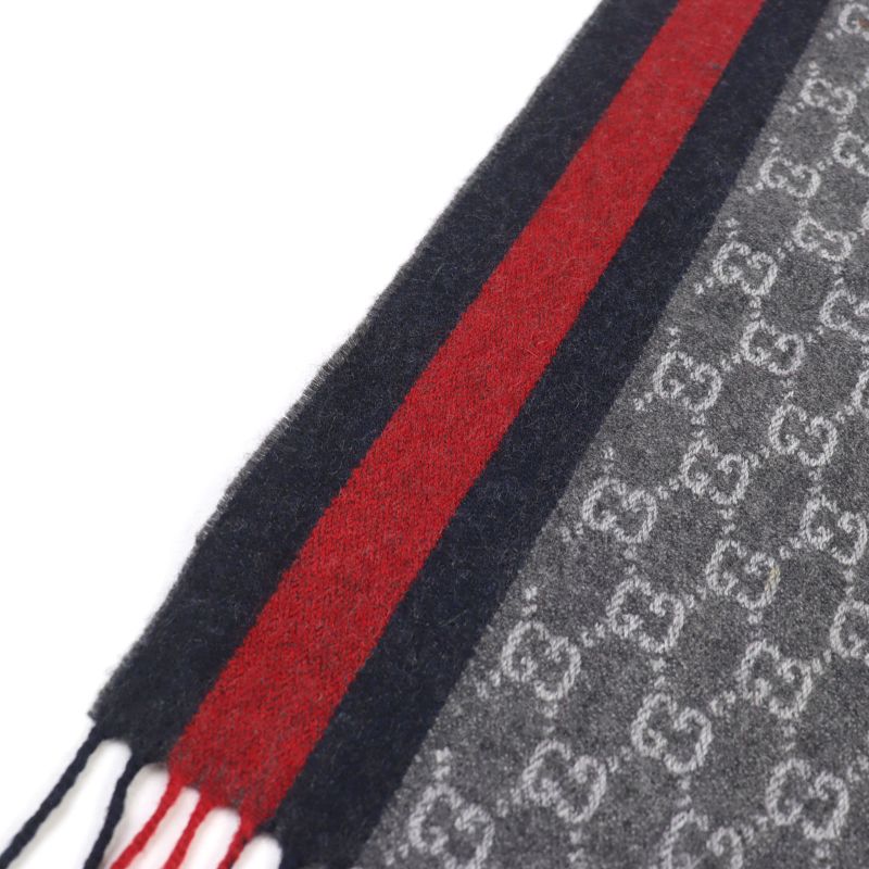Gucci 391531 Cashmere 50% GG Logo All-over Webline Fringed Scarf Grayish 35 X