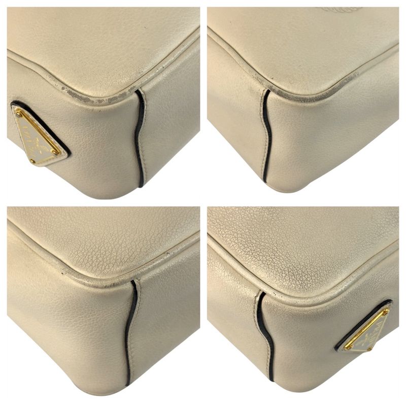 Prada Logo Shape Pressed White Gold Hardware Leather Shoulder Bag Pochette