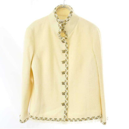 Chanel Coco Mark Button Fringe Stand Collar Tweed Jacket P41436v28444 Ivory 44