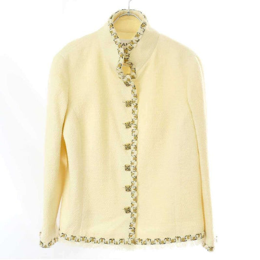 Chanel Coco Mark Button Fringe Stand Collar Tweed Jacket P41436v28444 Ivory 44