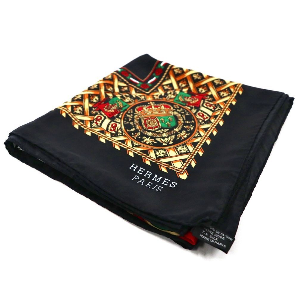 Hermes 90 Carre Scarf Coin Emblem Black Silk, All-Over Print
