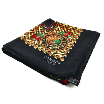 Hermes 90 Carre Scarf Coin Emblem Black Silk, All-Over Print