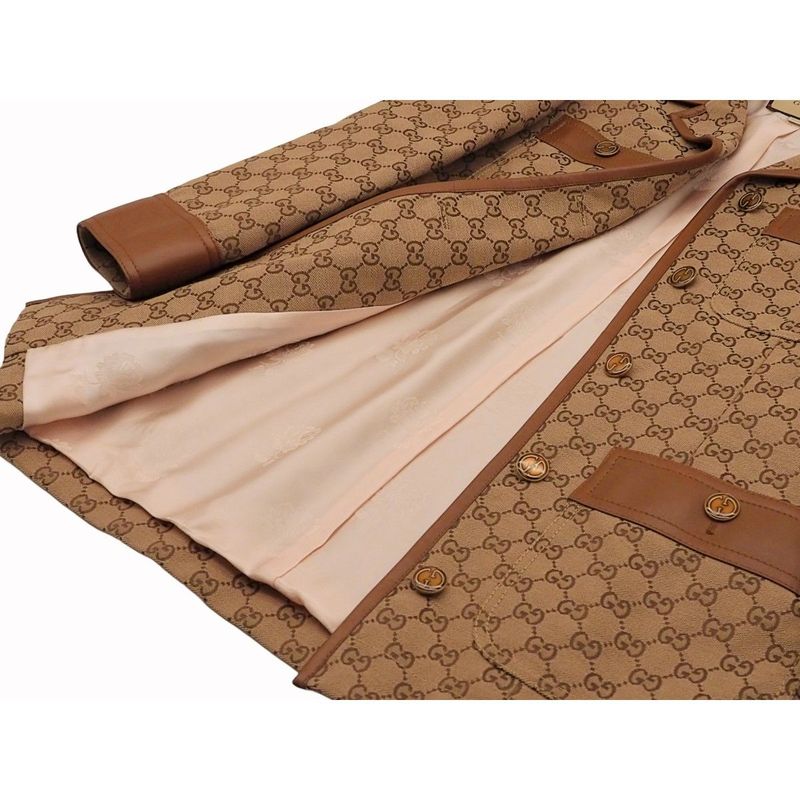 Gucci GG Canvas Jacket Web Stripe with Belt Women's Outerwear Leather Trim