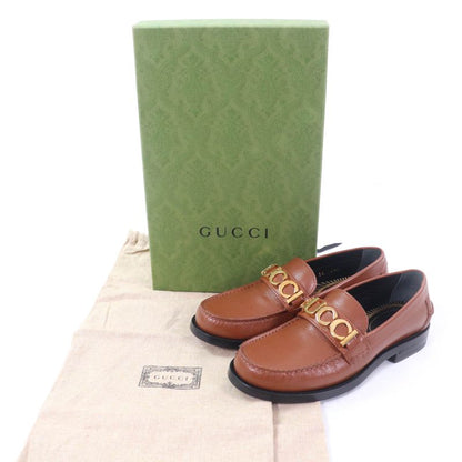 Gucci 700036 Logo Metal Leather Loafer Brown Gold Hardware 35 With Box And