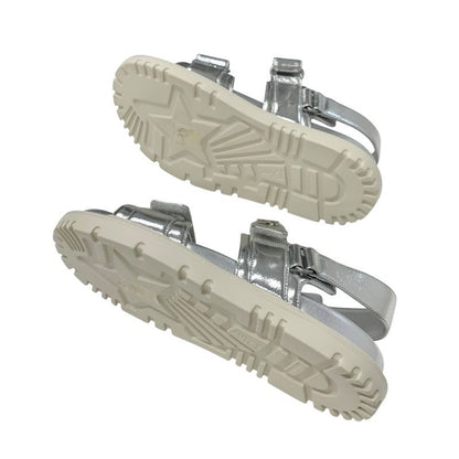 Christian Dioract Sandals Shoes Leather Metallic Silver Unused Logo Lambskin